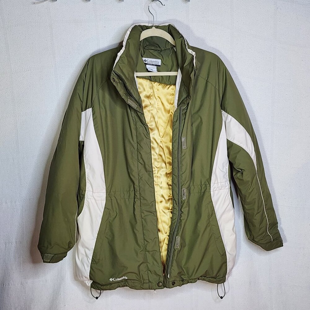 Columbia Sportswear Sage and Cream Adj Waist Drawstring Zip Pocket Ski Coat Sz L